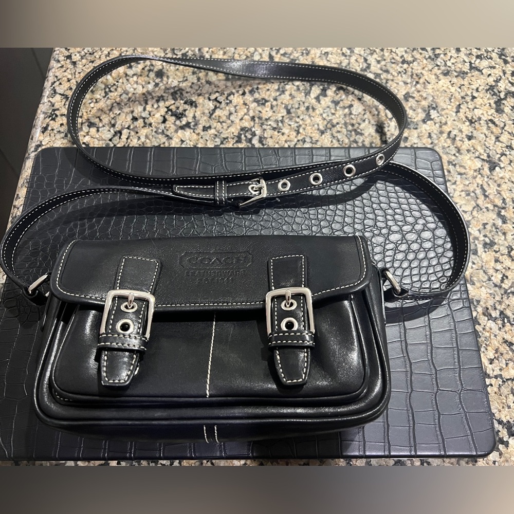 Coach Black Bleecker Leather crossbody body bag w/ Silver Accents/snap closure